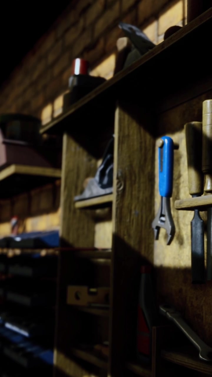 Woodworking tools on shelves in a workshop with light and shadows visible