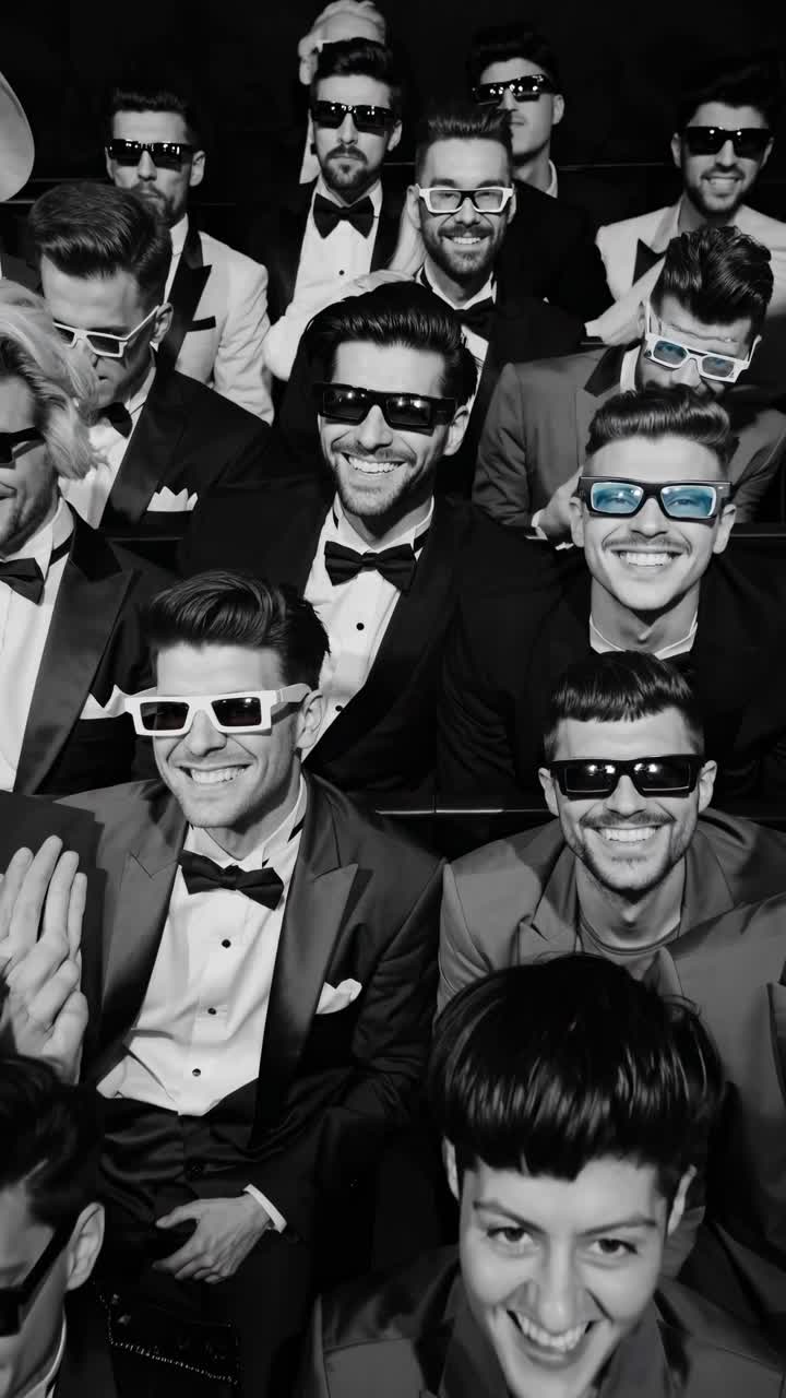 Diverse crowd wearing 3d glasses watching movie, sharing excitement in monochrome cinema setting with blue tinted lens effect, collective entertainment experience