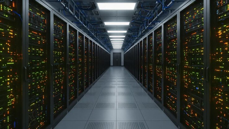 Un data center ad alta tecnologia con rack di server e indicatori LED colorati che illuminano il corridoio, mostrando una moderna infrastruttura IT in un ambiente controllato.
