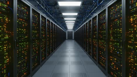 a high-tech data center with racks of servers and colorful led indicators illuminating the aisle, showcasing modern it infrastructure in a controlled environment