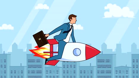 flat cartoon businessman character with case bag  fly on rocket startup concept animation