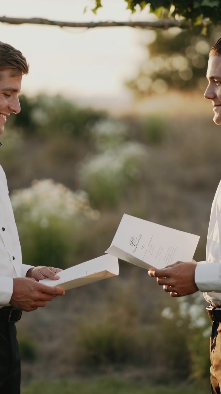 Reading two men holding open booklets in meadow, wearing white dress shirts and boutonniere