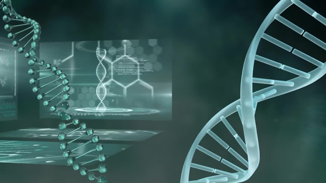 Animation of data processing over dna strands on black background