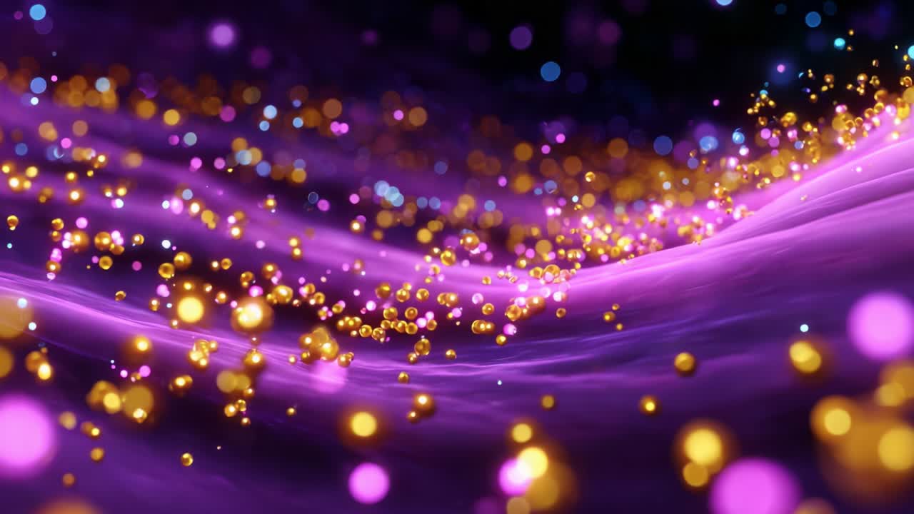 A mesmerizing display of purple waves interwoven with luminous golden and pink orbs creates a captivating visual experience, embodying the essence of sparkling beauty and fluid motion in a vibrant digital landscape