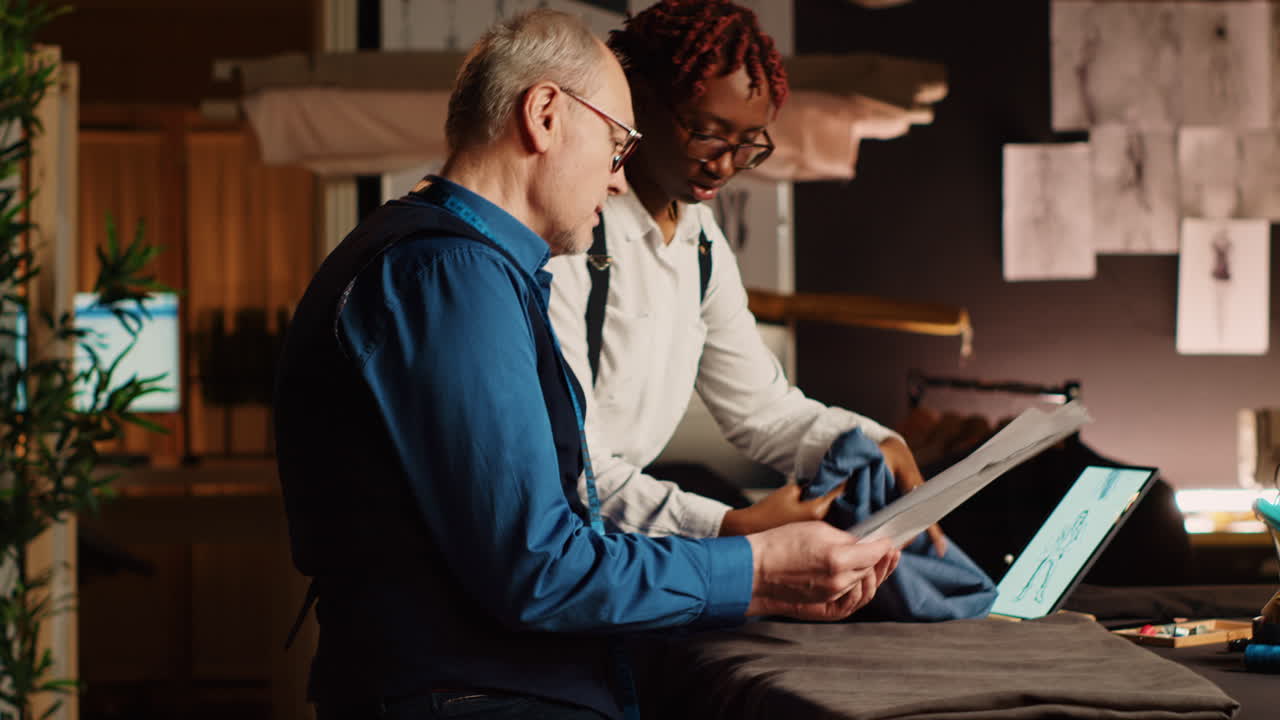 Experienced tailor and student working