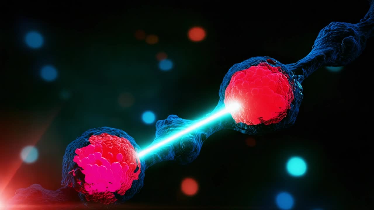 Illuminating the Mysteries of Cellular Interaction: Two Frames Showcasing the Fusion of Biological Cells and the Impact of Energy Flow on Cellular Structures in a Vibrant Abstract Science Visualization
