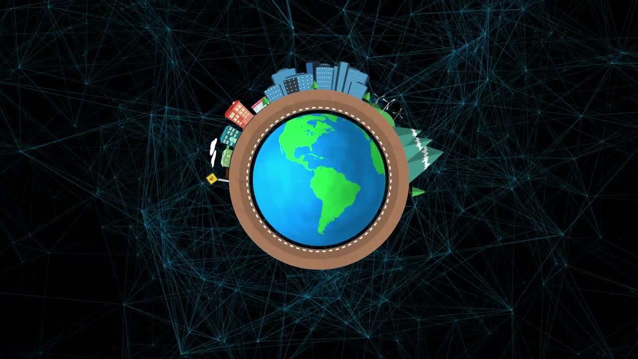 Animation of network of connections with globe on black background