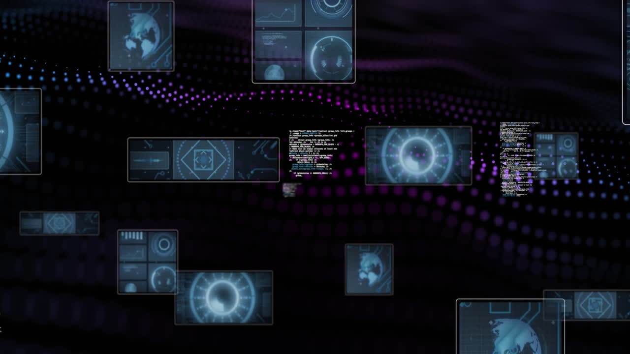 animación de escaneado de visores y procesamiento de datos en fondo oscuro