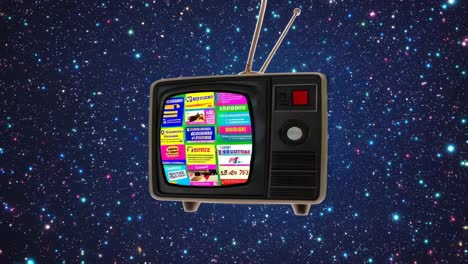 retro tv in space with advertisements