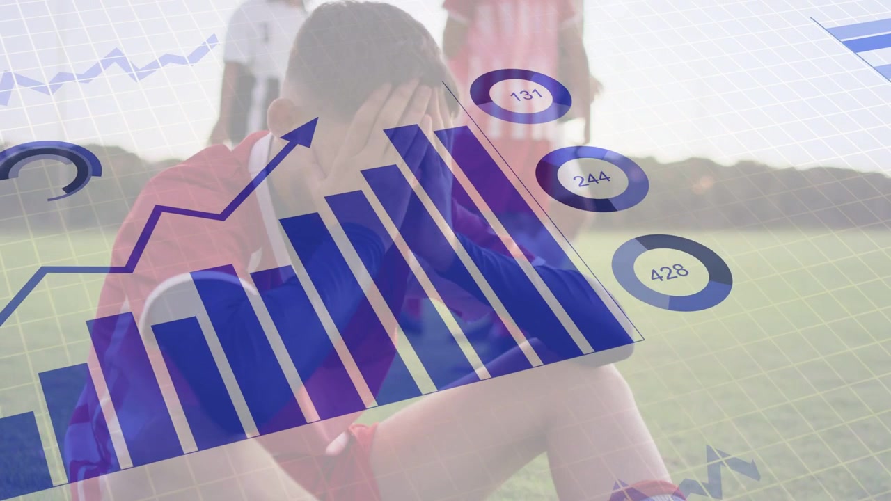 Seated player covering face post goal sports data animating over him bar chart pie KPIs updating