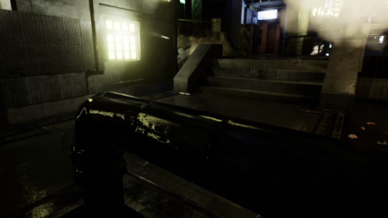 Mysterious rain soaked alley illuminated by glowing windows at night