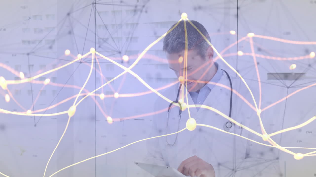 Doctor reviewing tablet data with stethoscope in clinic, overlaying glowing digital network lines