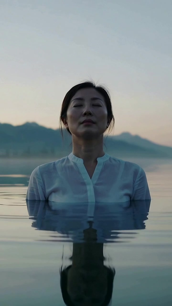 Vertical video: Wading woman in white blouse breathing in lake at dawn, reflection gently shifting