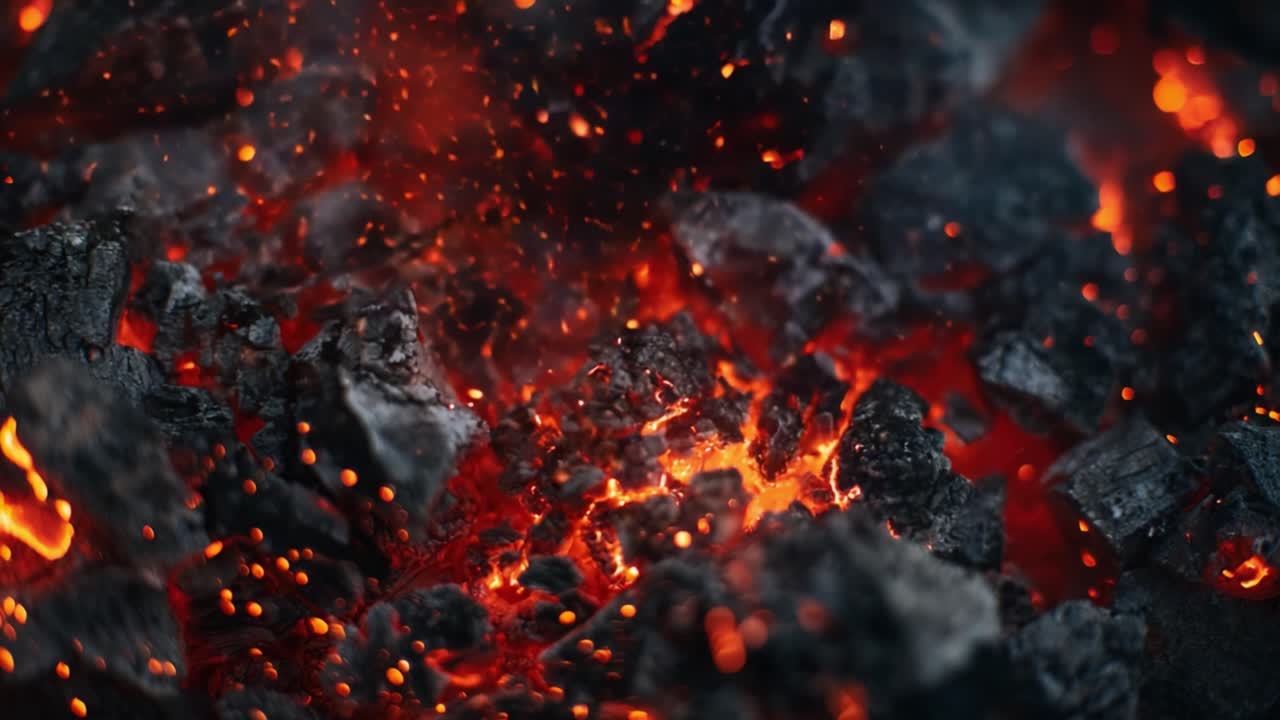 Close-Up of Glowing Embers and Lava Among Charred Rocks, Showcasing the Intense Heat and Vibrant Colors of a Fiery Landscape in a Stunning Macro Shot