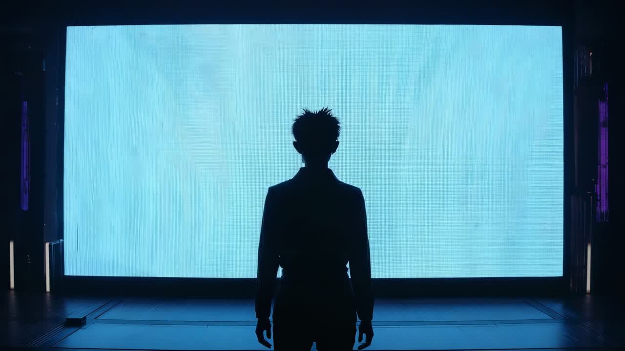 Standing silhouette holding pose on studio platform, facing glowing cyan panel between light bars