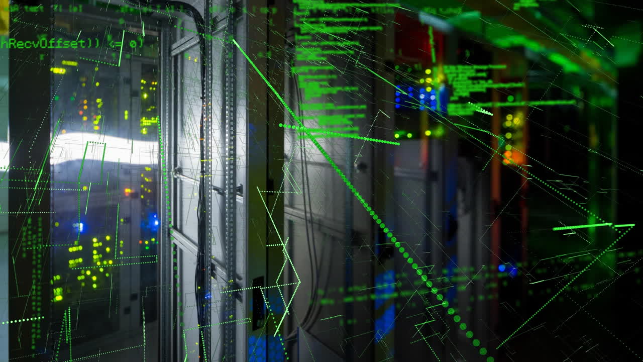 Animation of data processing and light trails over server room