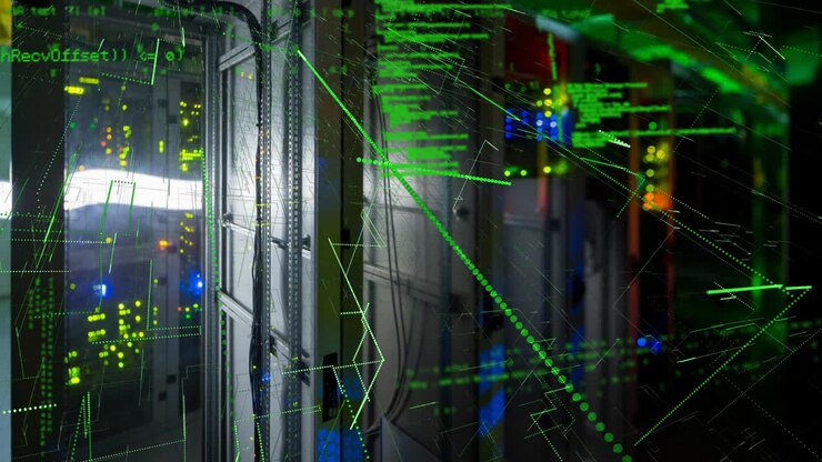 Animation of data processing and light trails over server room