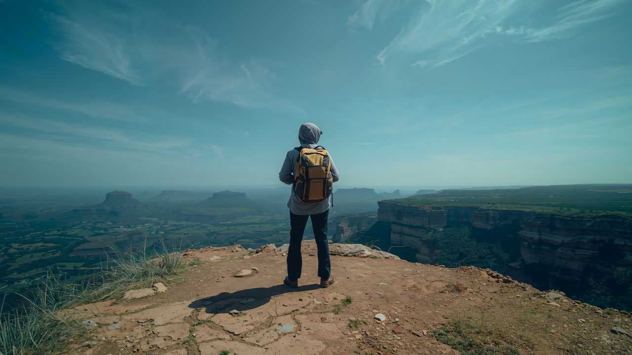 Reaching cliff rim, hiker in gray hoodie with orange pack scanning canyon to take in view