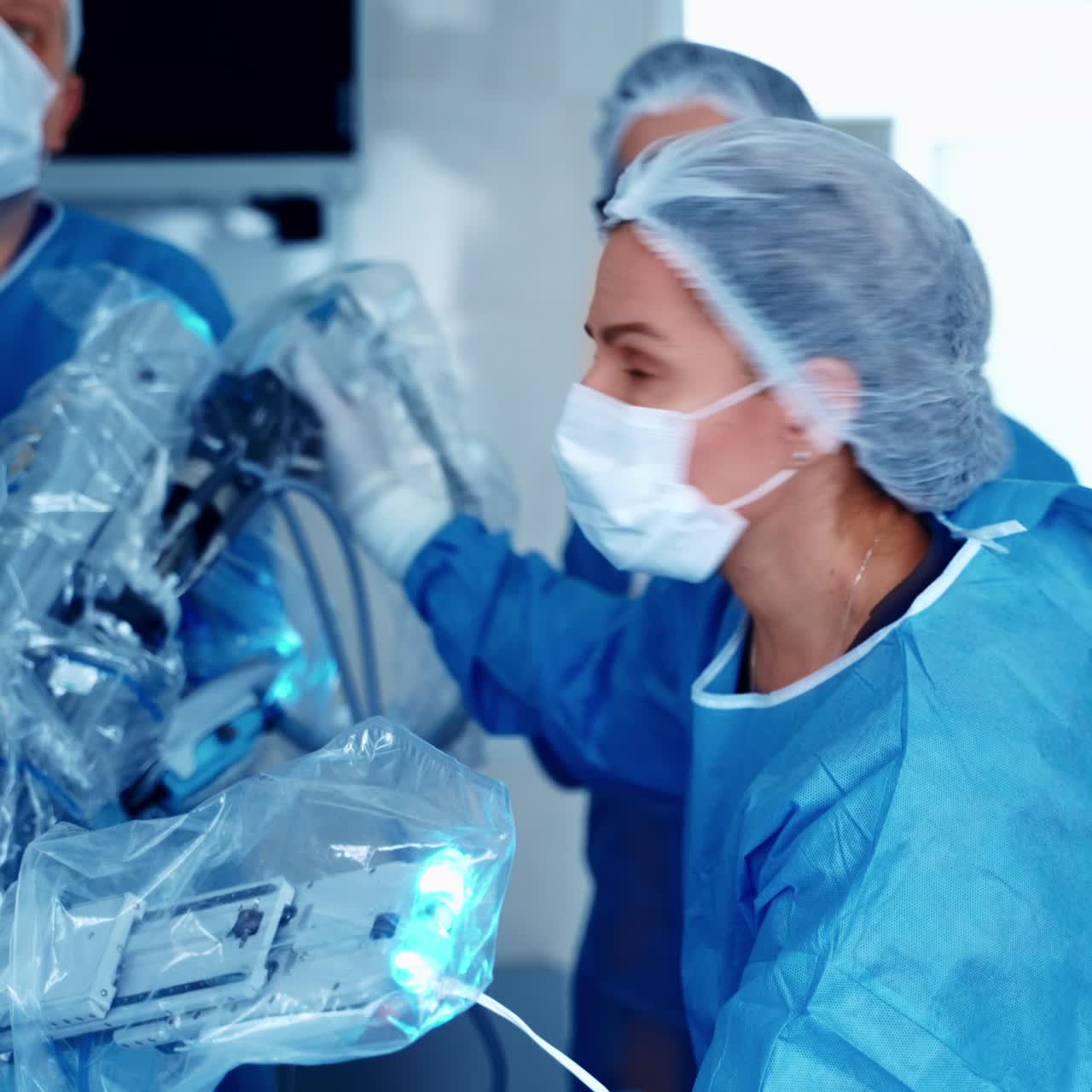 Robot assisted surgical system. Modern equipment in operating room. Team surgeon at work in operating room.