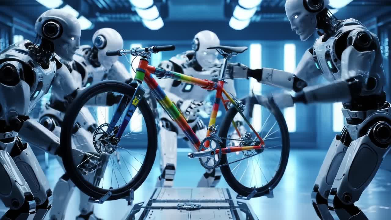 A Group of Advanced Robots Collaborating to Assemble a Colorful Bicycle in a High-Tech Environment with Sleek Designs and Futuristic Elements