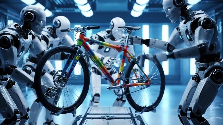 A Group of Advanced Robots Collaborating to Assemble a Colorful Bicycle in a High-Tech Environment with Sleek Designs and Futuristic Elements