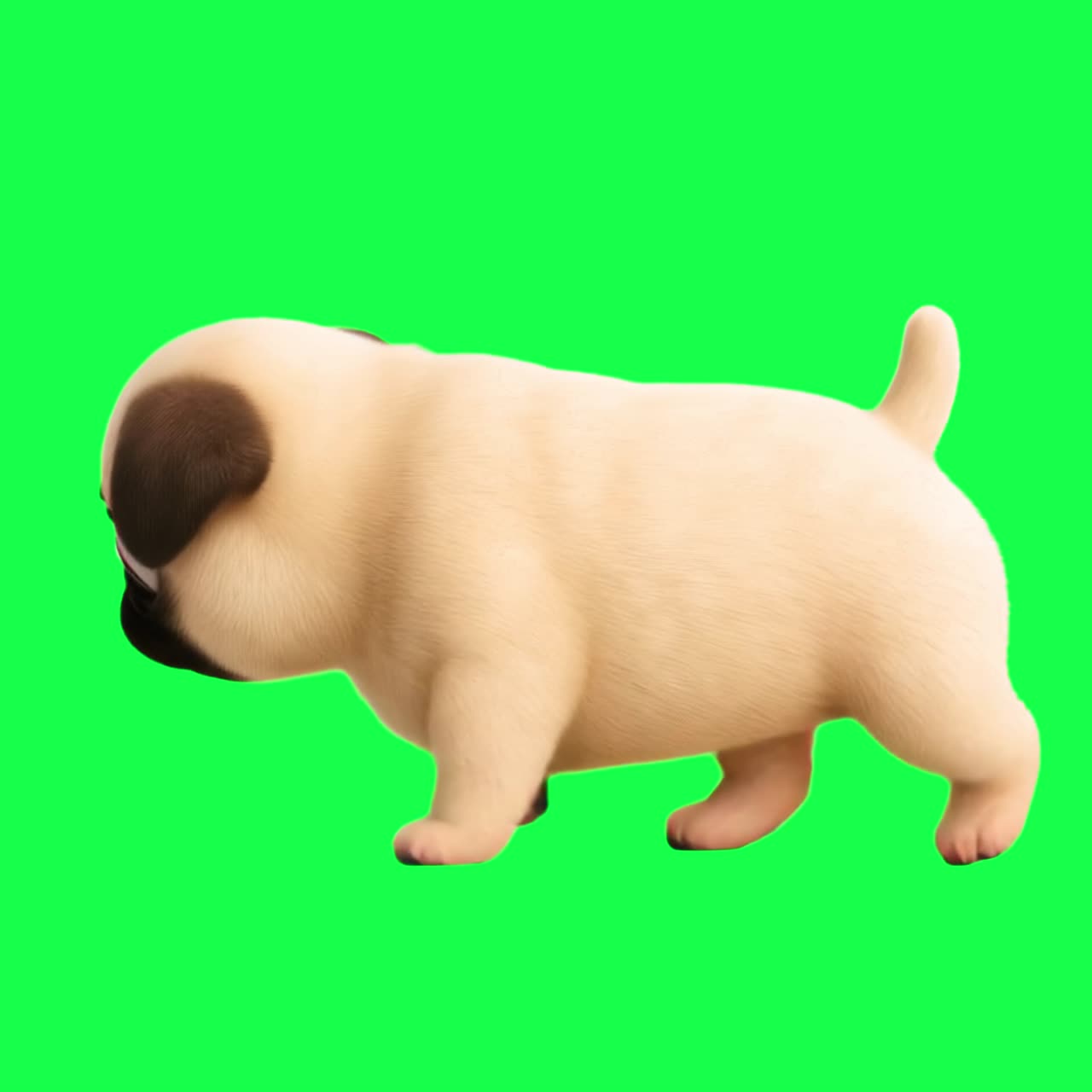 Cute animated pug walking animation, transparent 4K video, green screen