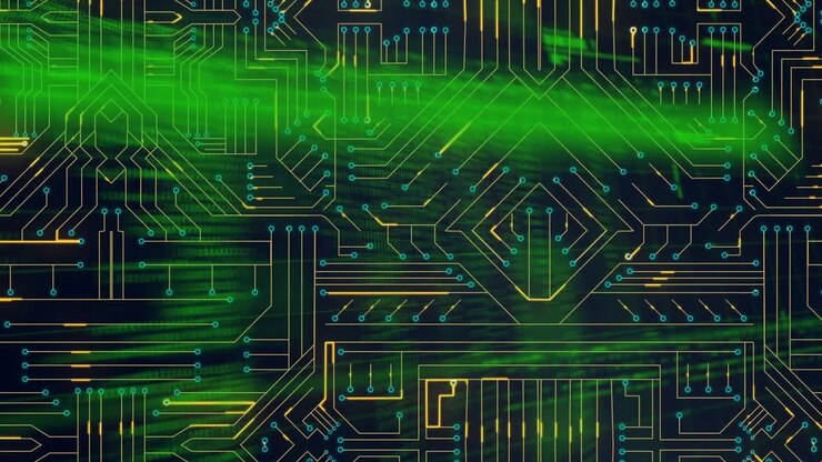 Animazione di elaborazione dati su circuito stampato di computer su sfondo nero.