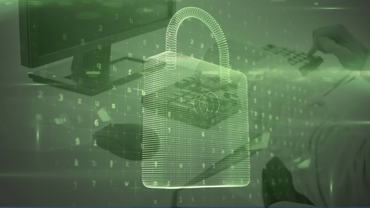 animación de candados digitales y números en las computadoras de la oficina