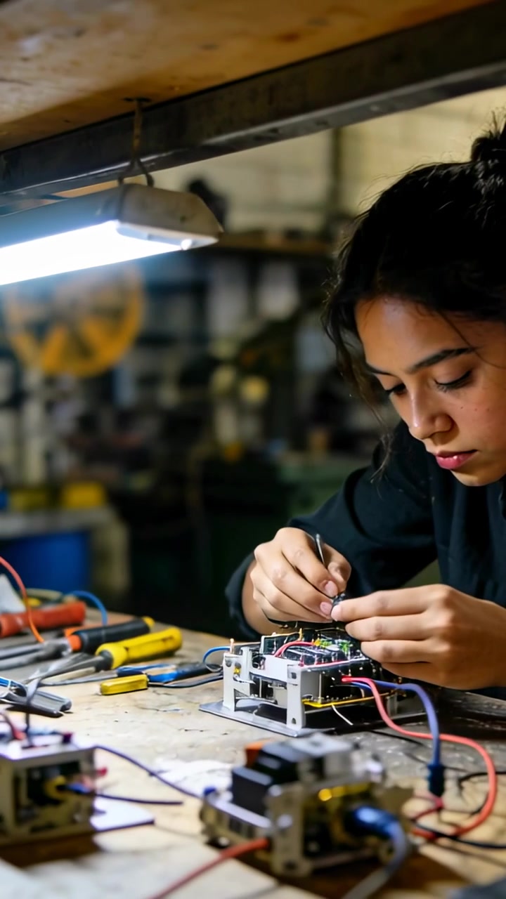 Vertical video: Inspecting lamp glow, woman in dark top at bench fixing circuit wiring