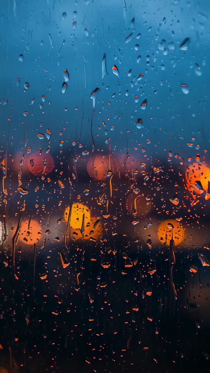Vertical video: Forming droplets and streaks on glass at dusk, light rain pulling them past lights