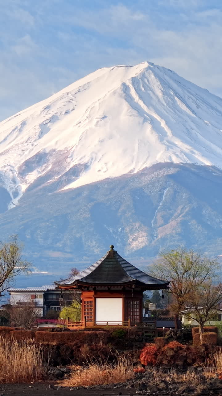 Aerial drone view of a temple with Mount Fuji on the background in Fujikawaguchiko, Japan
