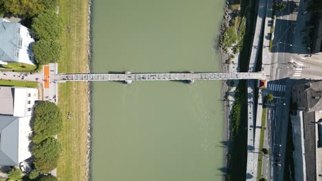 Top-Down-Aerial-View-of-Salzach-River-in-Salzburg,-Austria-on-Summer-Day