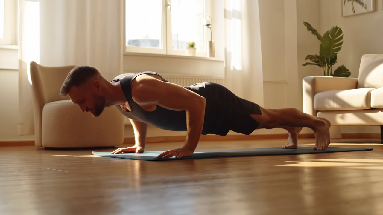 Man Doing Pushups On Mat In Sunlit Living Room, Male Athlete Performs Controlled Bodyweight Reps, Modern