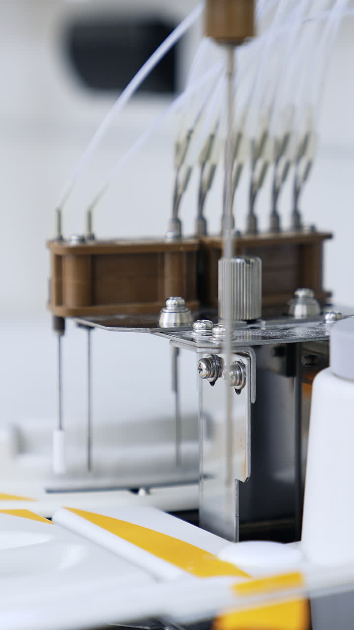 Device parts are moving going up and down. Close up. Technological equipment working in the advanced laboratory for medical testing. Vertical video