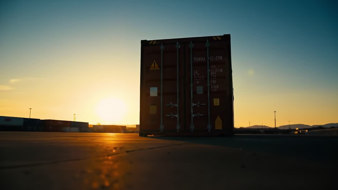 A large shipping container stands silhouetted against a colorful sunset in an active port. The serene atmosphere contrasts with the surrounding industrial landscape, showcasing commerce in action.