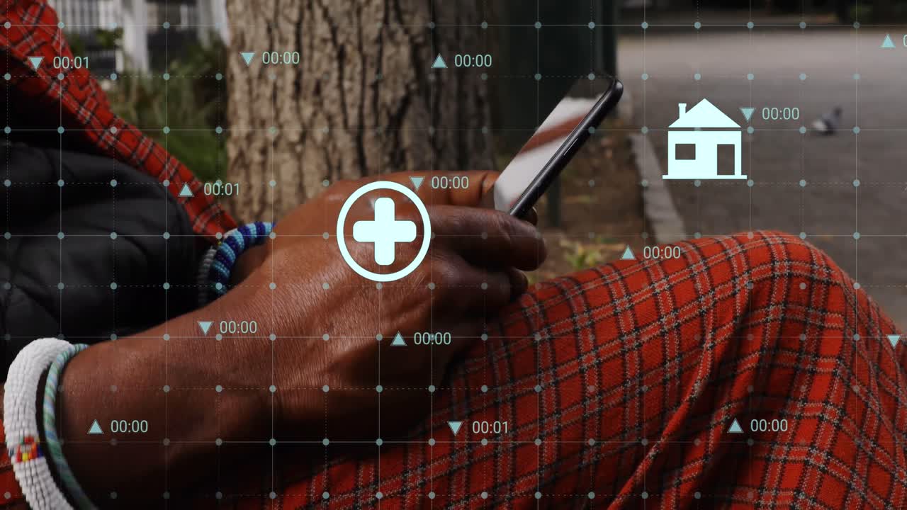 animación del procesamiento de datos sobre un hombre afroamericano que usa un teléfono inteligente