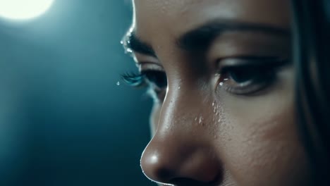 close-up of a woman's face showing emotion and detail in a dimly lit environment during a reflective moment