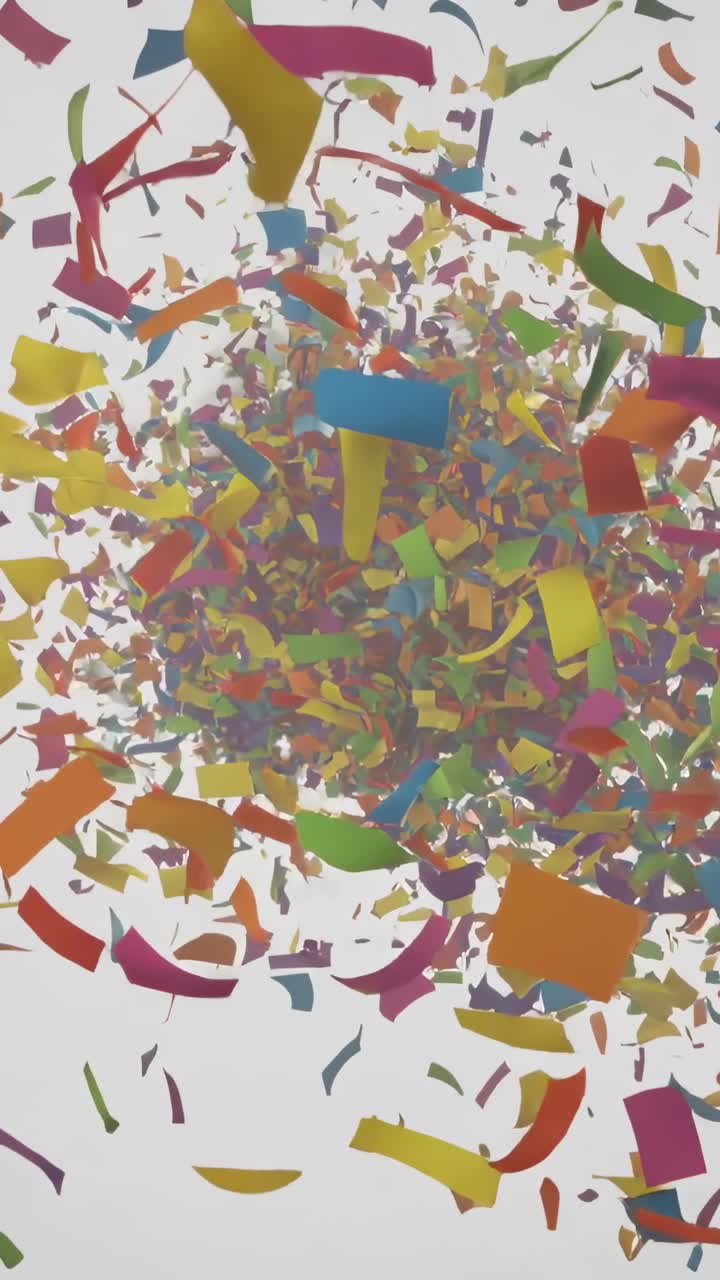 Video verticale: Esplosione di un grappolo di coriandoli colorati che si espande in un ambiente chiaro, mostrando nastri e striscioline.