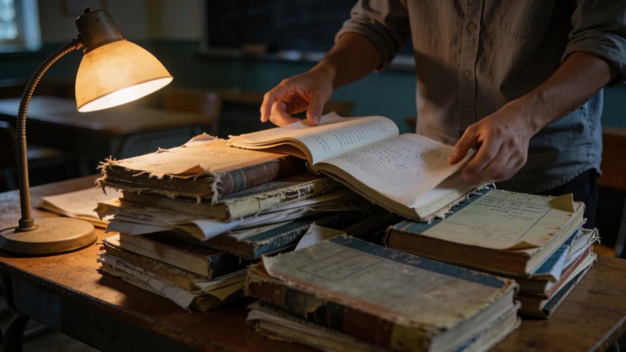 Vertical video: Opening ledger rolled-sleeved man leafing records at desk under lamp researching