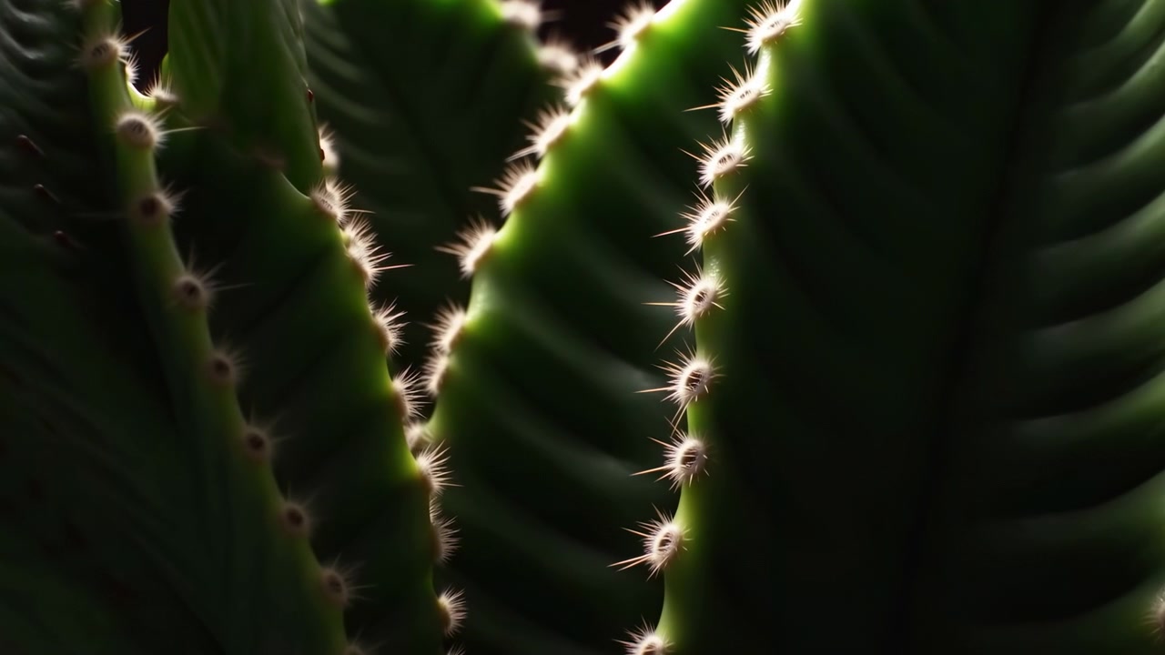 Un lento movimento in avanti attira l'attenzione su steli di cactus sovrapposti, dove le spine retroilluminate scintillano lungo i bordi curvi, mentre le superfici verdi lucide sfumano in un'ombra ricca e una morbida profondità.