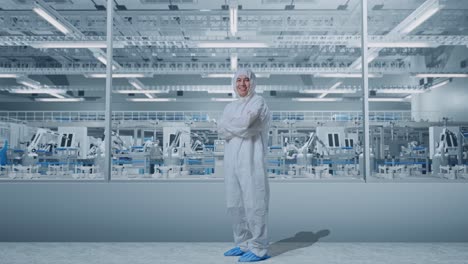 vista lateral del cuerpo completo de un científico masculino asiático cruzando los brazos y sonriendo en una fábrica de laboratorio moderna con robots automatizados