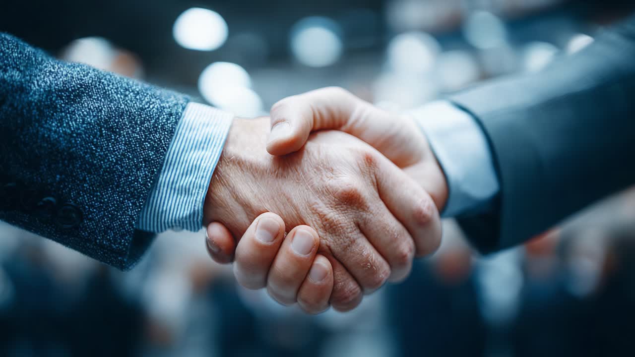 A Professional Handshake Capturing Mutual Agreement and Collaboration Between Two Business Partners in a Modern Office Setting