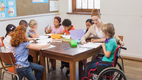 animation of smiling female school teacher sitting with children in school classroom