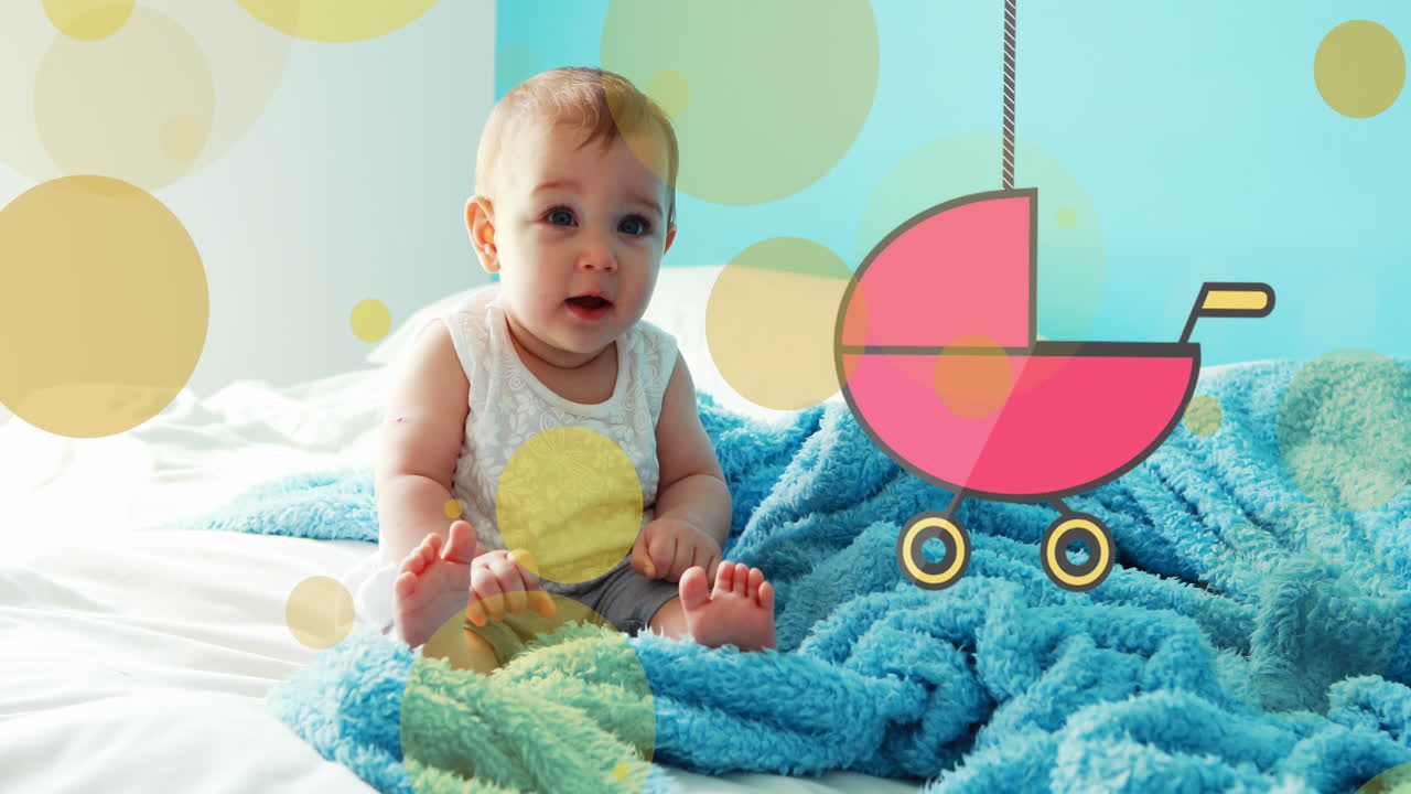 백인 아기 위에 노란색 반점과 유모차 아이콘의 애니메이션