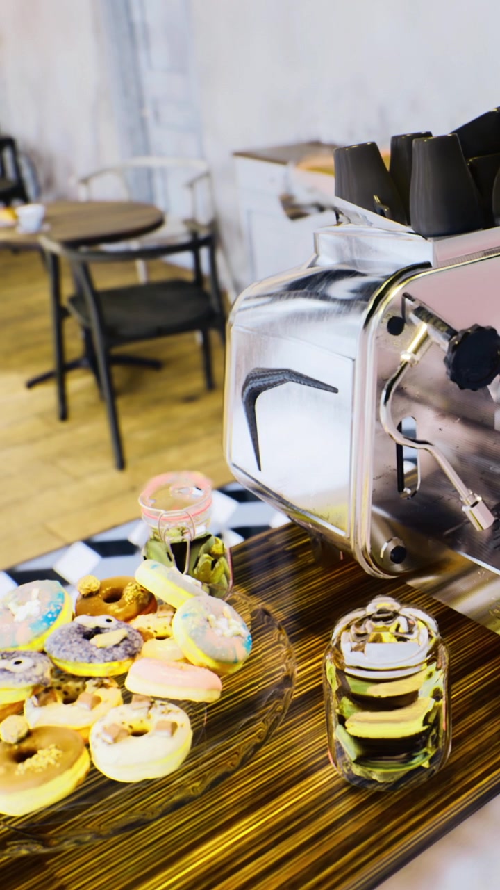 Vetrina di panetteria con ciambelle e allestimento per il caffè in un ambiente di caffè informale