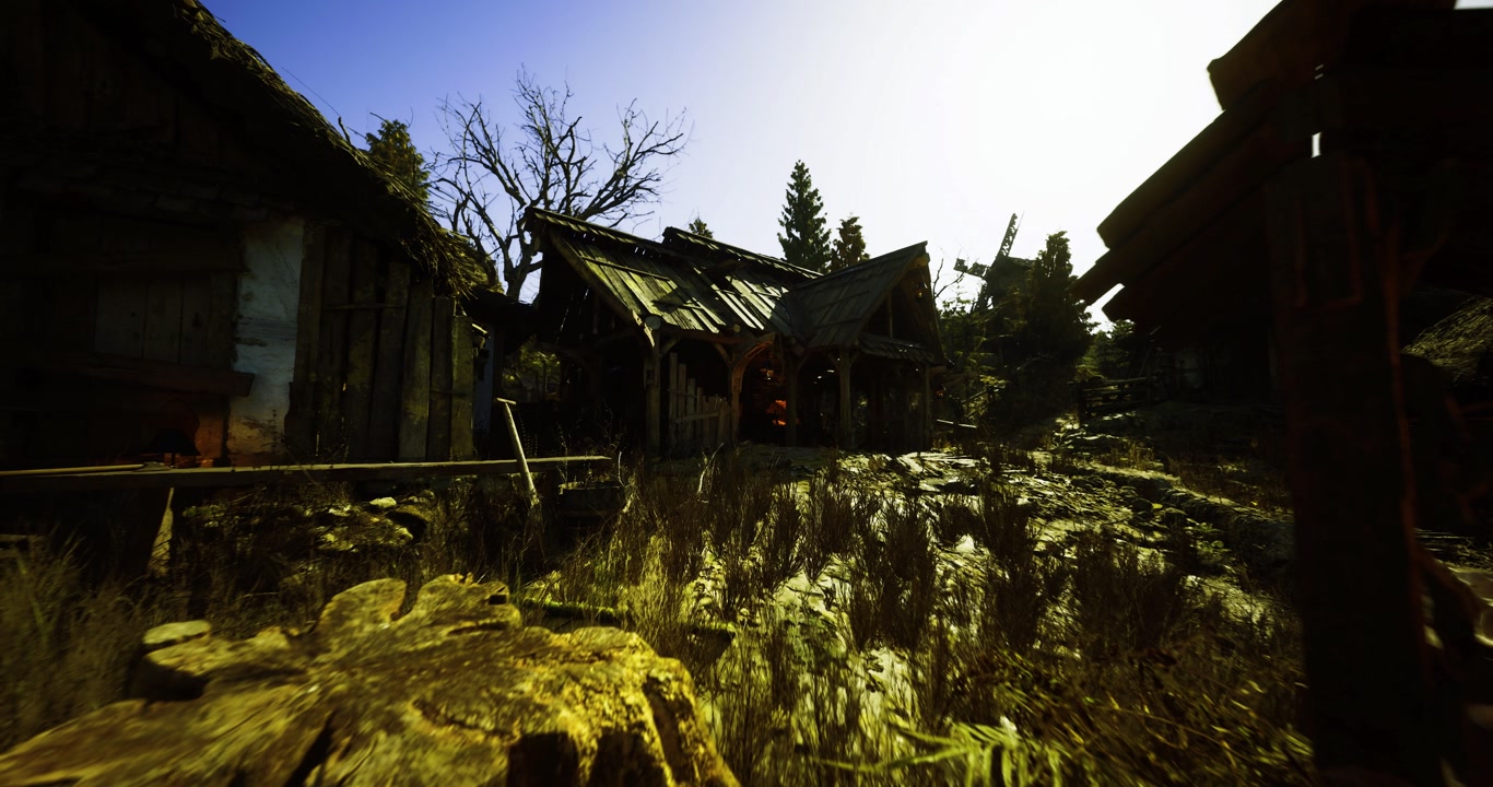 Sundrenched traditional settlement with weathered roofs and shadowed fields