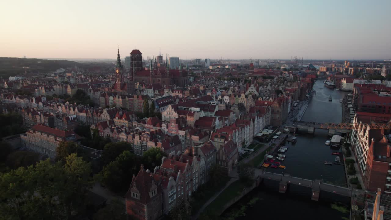 Colourful townhouses in Gdansk. Cityscape in Poland at sunset, drone perspective