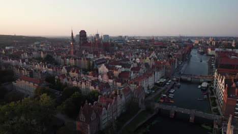colourful townhouses in gdansk. cityscape in poland at sunset, drone perspective