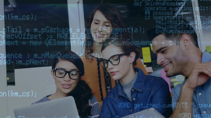 Animation of data processing over diverse business people in office