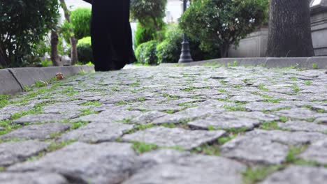 woman walking on cobblestone path in park